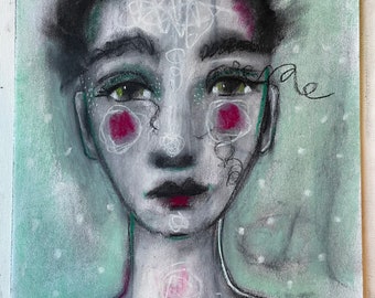 Olive, 9x12, Original Art, Original Painting, Mixed Media, Abstract, Portrait, Colorful Art, Art on Paper