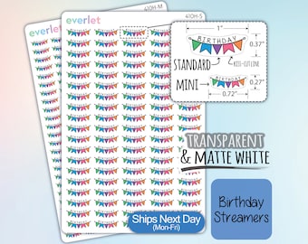 Birthday Streamer Planner Stickers Standard and Mini, Highlighting Transparent and Matte White Vinyl, 410