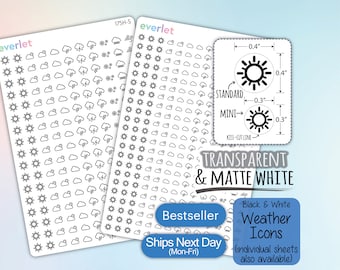 Mini Weather Planner Stickers, Black and White, Highlighting Transparent and Matte White Vinyl, 175-184