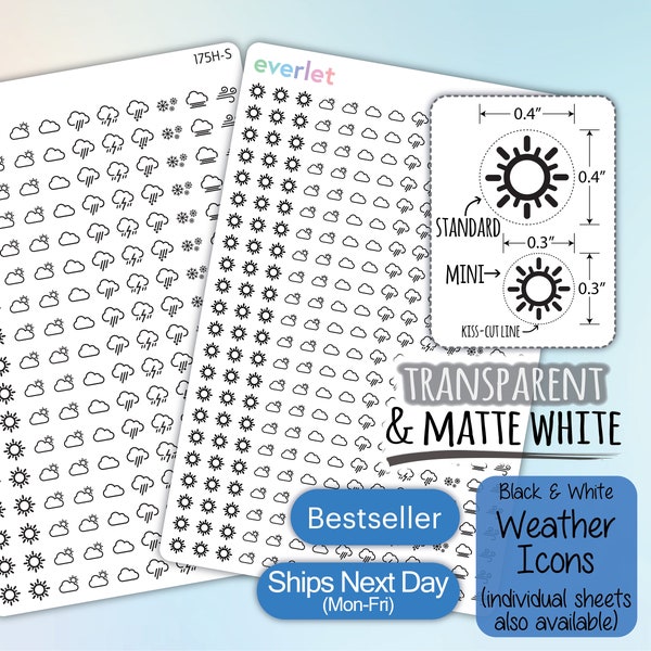 Mini Weather Planner Stickers, Black and White, Highlighting Transparent and Matte White Vinyl, 175-184