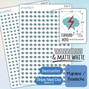 May include: A sheet of 100 clear sticker sheets with a blue and red lightning bolt design in a cloud shape. The stickers are 0.3 inches wide by 0.3 inches high. The text "STANDARD MINI" is on the sheet. The text "TRANSPARENT & MATTE WHITE" is on the sheet. The text "Migraine / Headache" is on the sheet.