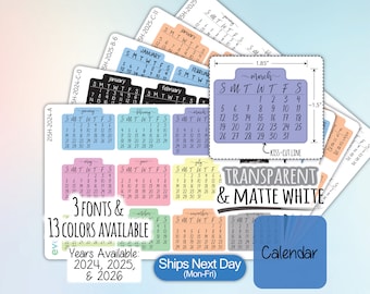 Calendar Planner Stickers, Years 2022, 2023, 2024, 2025, Highlighting Transparent and Matte White Vinyl, 245