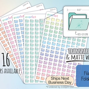 May include: A sheet of 16 color file folder stickers, each sticker is 0.5 inches wide by 0.42 inches tall. The stickers are transparent and have a matte white finish. The stickers are kiss-cut, making them easy to peel and stick.