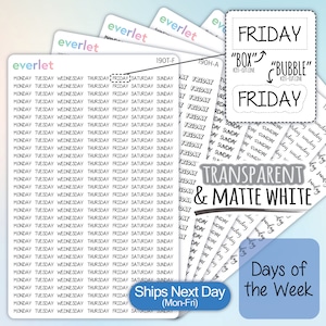 Days Of The Week Planner Stickers, Highlighting Transparent and Matte White Vinyl, 190