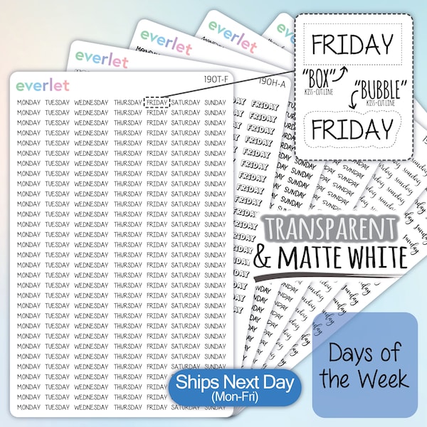 Days Of The Week Planner Stickers, Highlighting Transparent and Matte White Vinyl, 190