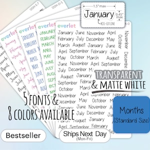 Standard Size Months Planner Stickers, Calendar Transparent and Matte White Vinyl, 120