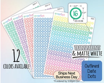 May include: A collection of date dot stickers in various colors, featuring the word "everlet". Each sticker is a circle with a number inside. The image also includes text that says "12 COLORS AVAILABLE" and "TRANSPARENT & MATTE WHITE".