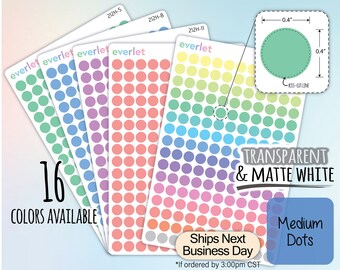 May include: Sixteen sheets of transparent and matte white medium dot stickers in various pastel colors. Each sheet has 100 dots, measuring 0.4 inches in diameter. The sheets are labeled with the brand name "everlet" and the product code.