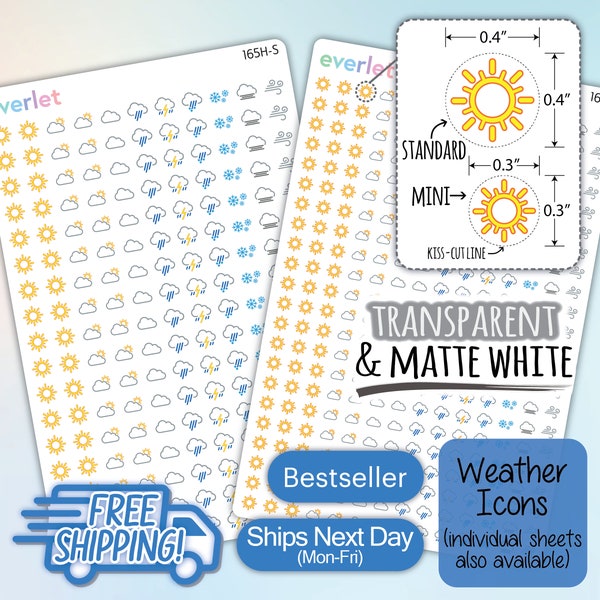 Mini AND Standard Size Weather Planner Stickers, Highlighting Transparent and Matte White Vinyl, 165-174