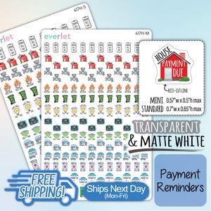 May include: A sheet of transparent and matte white stickers with various icons for payment reminders. The icons include a house, a water meter, a trash can, a light bulb, a television, a car, and a medical symbol. The stickers are kiss-cut and come in two sizes: mini (0.57 inches wide x 0.5 inches high) and standard (0.7 inches wide x 0.65 inches high).