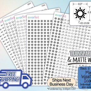 Mini Weather Planner Stickers, Black and White, Highlighting Transparent and Matte White Vinyl, 175-184