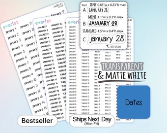 May include: A sheet of transparent, white sticker paper with the word "everlet" printed at the top. The sheet contains a grid of numbers from 1 to 31, representing the days of January and February. The numbers are printed in black and are arranged in a column format. The sheet also includes the text "Bestseller" printed at the bottom. The sheet is designed for use in planners and journals.