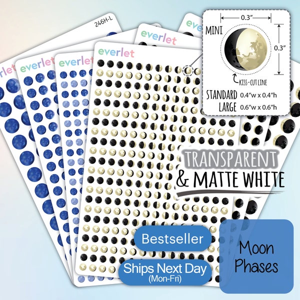 Moon Phases Planner Stickers, Moon Cycles, Highlighting Transparent and Matte White Vinyl, 246-247