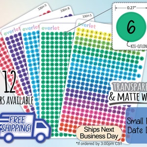 Puede incluir: Doce hojas de pegatinas de puntos de fecha pequeños rellenos transparentes y blanco mate. Cada hoja tiene una cuadrícula de 31 círculos pequeños con los números del 1 al 31. Los círculos están en un degradado de colores arcoíris. Las pegatinas tienen un diámetro de 0,27 pulgadas.