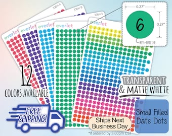 May include: Twelve sheets of transparent and matte white small filled date dot stickers. Each sheet has a grid of 31 small circles with numbers 1 through 31. The circles are in a rainbow gradient of colors. The stickers are 0.27 inches in diameter.