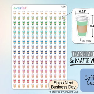 May include: A sheet of 102 transparent and matte white coffee cup stickers. The stickers are 0.25 inches wide and 0.4 inches tall. The stickers are arranged in a grid pattern and feature a variety of colors, including green, blue, purple, pink, and orange.
