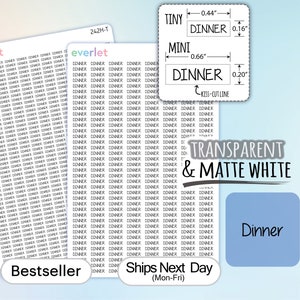 May include: White sticker sheets with the word "Dinner" repeated in a pattern. Includes "Tiny" and "Mini" size labels with measurements in inches. The text "Transparent & Matte White" is also visible.