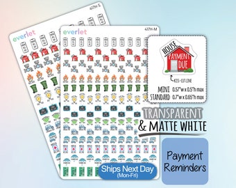 May include: A sheet of transparent and matte white stickers with various payment reminder icons, including a house with "House Payment Due" text, a water bill, a light bulb, a TV, a car, a medical bill, and an umbrella. The stickers are kiss-cut and come in two sizes: mini (0.57 inches wide x 0.5 inches high) and standard (0.7 inches wide x 0.65 inches high).