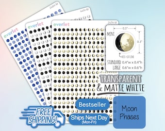 Moon Phases Planner Stickers, Moon Cycles, Highlighting Transparent and Matte White Vinyl, 246-247