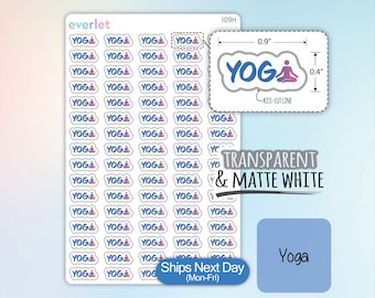 May include: A sheet of 109 yoga stickers with a blue and pink yoga pose design. The stickers are 0.9 inches wide and 0.4 inches tall. The stickers are available in transparent and matte white.
