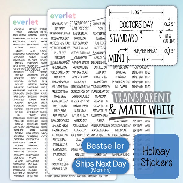 MINI and Standard size Holiday Planner Stickers, Mini Sized Holidays, Highlighting Transparent and Matte White Vinyl, 223 423