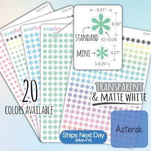 May include: Twenty colors of transparent and matte white star stickers. The stickers are available in standard size, 0.31 inches in diameter, and mini size, 0.25 inches in diameter. The stickers are kiss-cut and ready to peel and stick.