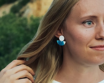 Blue marble half circle clay earrings | Half circle blue clay earrings | Half circle stud drops | Canyon earrings