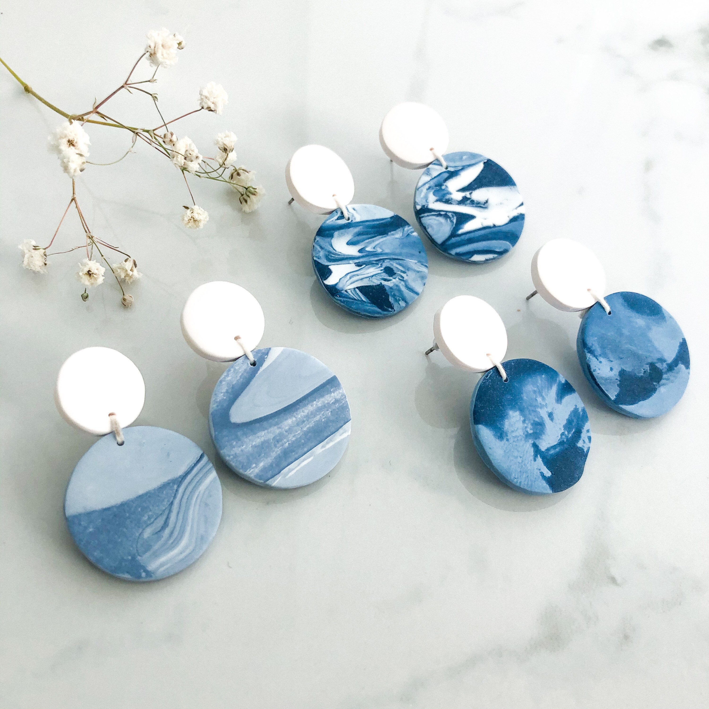 Blue Marble Drop Clay Earrings Marbled Clay Statement Etsy UK