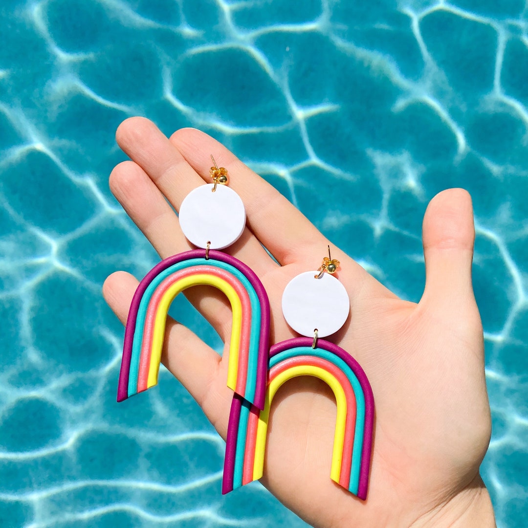 Colorful Big Clay Rainbow Earrings Clay Rainbow Earrings Etsy
