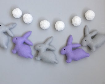 Bunny garland, felt garland, Felt Decor,Decor garland, purple and grey felt bunny garland, Easter bunny garland