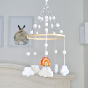 Rainbow Mobile,Clouds Mobile,Wool Felt Ball Baby Mobile, Nursery Decor,Felt Mobile,