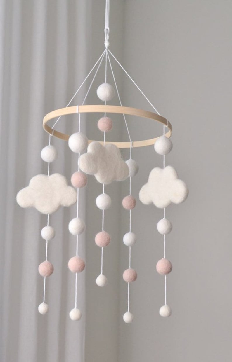 Baby Mobile/Baby crib Mobile /Wool Felt Balls/Felt Cloud Mobile / Nursery Mobile/ Handmade mobile/ Crib Mobile/ Nursery decor/Bed Decor image 2