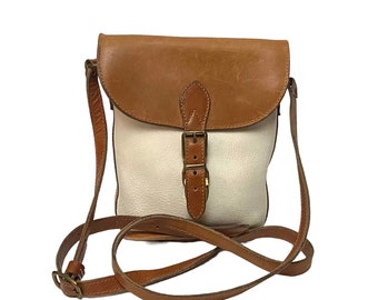 Vintage messenger bag ROOTS crossbody bag genuine leather brown and cream white small sholuder bag