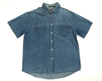 Wrangler HERO denim shirt vintage jeans medium wash blue button up shirt metal buttons 1990
