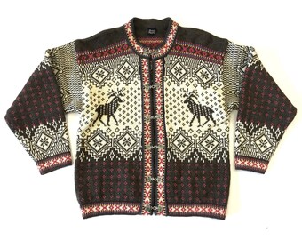 Cardigan norvegese, maglione scandinavo in lana vintage Vrikke Irene Haugland Zahl, maglione con motivo tribale rosso beige marrone