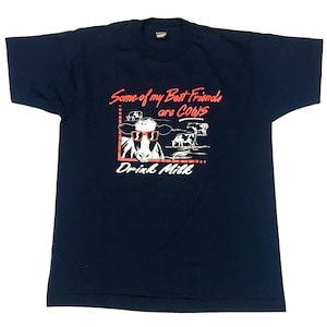 La mia amica mucca maglietta, Vintage anni '90 bere latte promozionale propaganda cartone animato t-shirt anni '80 blu navy rosso bianco
