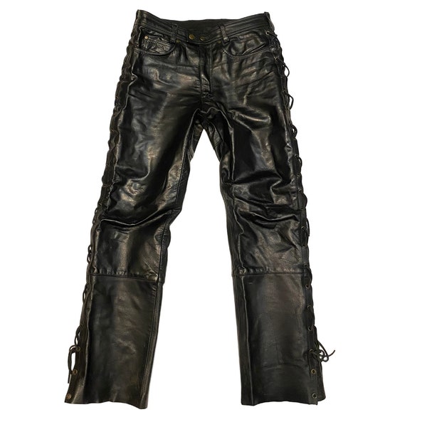 Vintage Stage Pants Schnürhose aus echtem Leder schwarze Biker Hose Hose