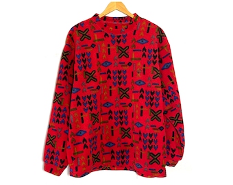 Vintage fleece pullover sweatshirt, Jack Wolfskin Polartec 1990 red black blue green brown geometric op-art abstract pattern 90s jumper