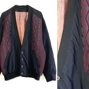 Cardigan vintage nero soft shell viola lavorato a maglia maglione cosby vintage leggero giacca a blocchi di colore del 1990 immagine 4