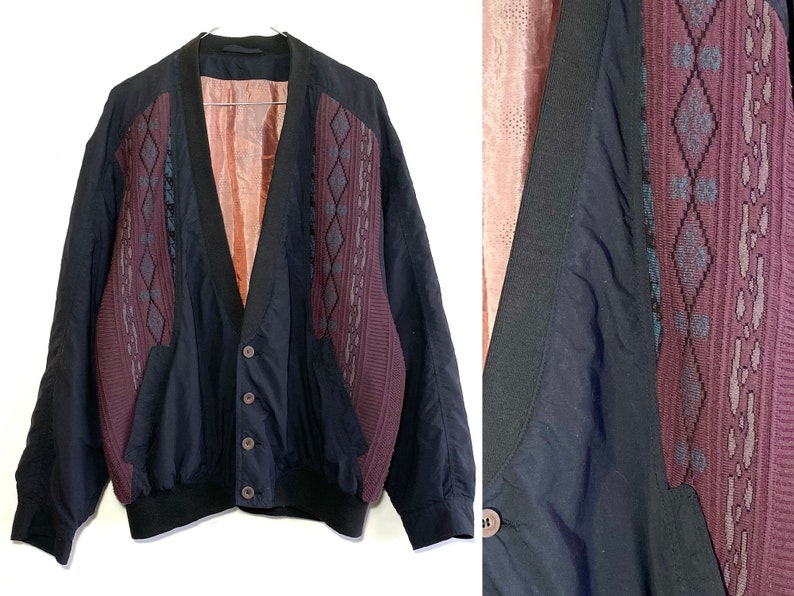 Cardigan vintage nero soft shell viola lavorato a maglia maglione cosby vintage leggero giacca a blocchi di colore del 1990 immagine 4