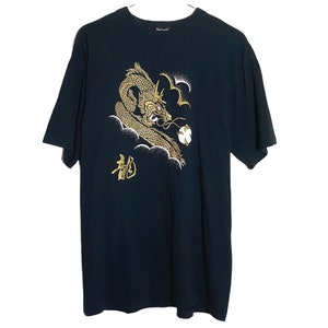 Vintage Japanese t-shirt with glitered dragon, single stitching, black gold white