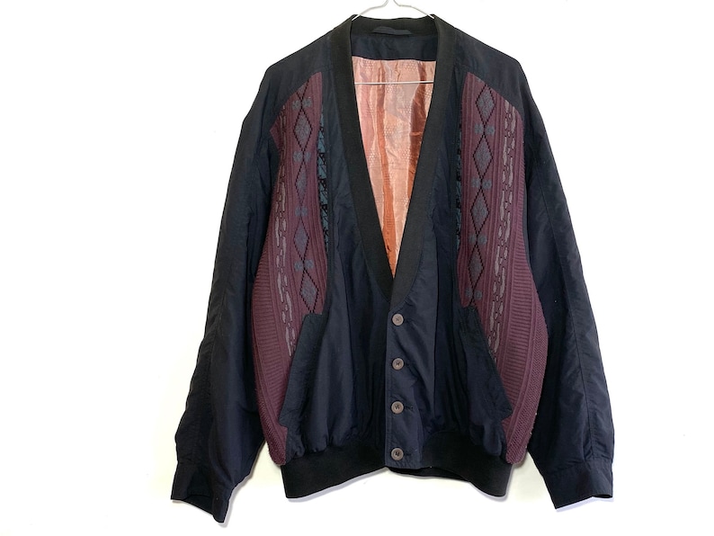 Cardigan vintage nero soft shell viola lavorato a maglia maglione cosby vintage leggero giacca a blocchi di colore del 1990 immagine 1