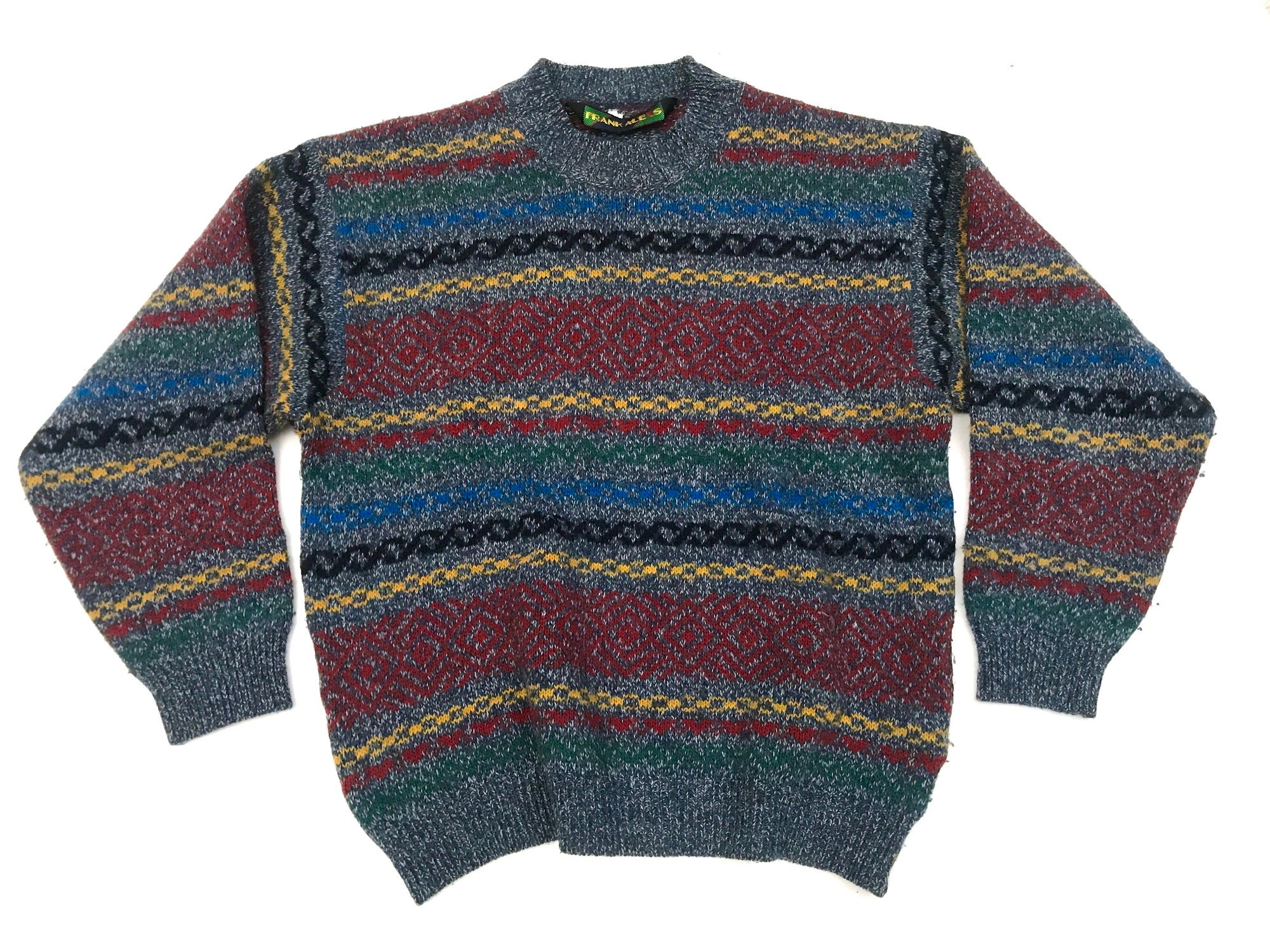 Vintage wool sweater 1990 Crazy pattern multicolor geometric | Etsy