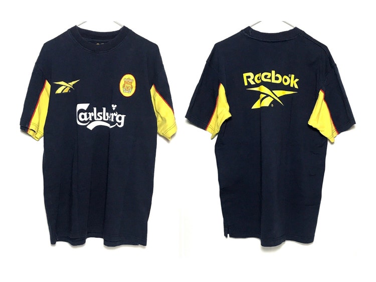 T-shirt LFC Reebok Carlsberg Vintage 1990 Liverpool FC maglia da calcio maglia da calcio blu navy giallo grande logo t shirt