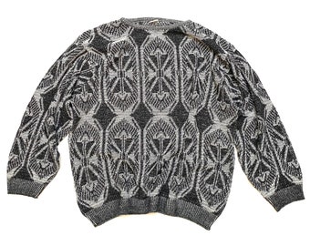 Vintage sweater geometric abstract coogi style black white gray jumper