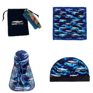 May include: A set of hair care products for creating waves in hair. The set includes a blue and green patterned durag, a blue and green patterned wave cap, a blue and green patterned brush, and a black velvet bag with the words "Rapid Waves" printed on it.