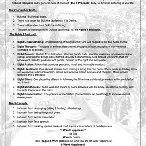 May include: A white paper titled "Buddhism" with text explaining the Four Noble Truths, the Eightfold Path, and the Five Precepts. The text includes a quote: "I Want Happiness!" and is dated 2020.