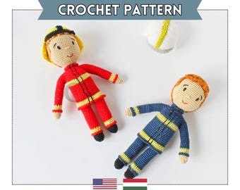 May include: Two crocheted dolls dressed as firefighters. One doll is wearing a red and yellow uniform and a yellow helmet. The other doll is wearing a blue and yellow uniform and a white helmet. The dolls are on a white background.