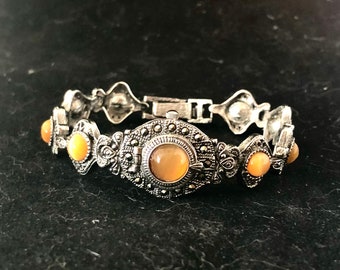 Muy raro elegante ojo de tigre &marcasite plata-tono ginebra reloj pulsera de señoras, nueva batería!
