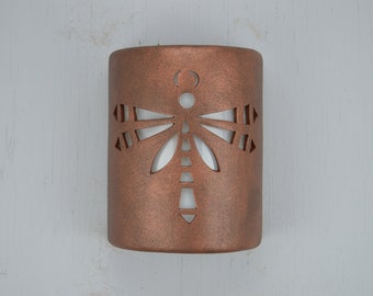 Dragonfly wall sconce in Antique Copper for the indoor or outdoor. 9" tall open top